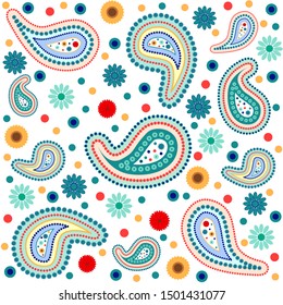 Cute paisley pattern with color dots and flowers on white background.