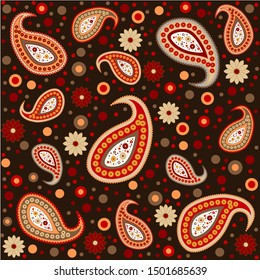 Cute paisley pattern with color dots and flowers on black background.