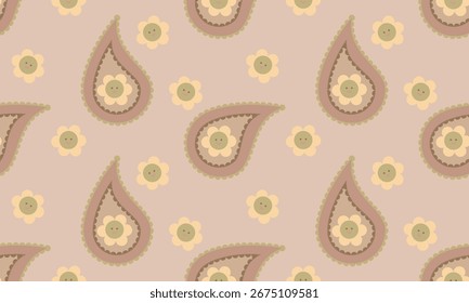 Lindo patrón sin fisuras Paisley con flores sonrientes, diseño pastel para niños y papelería