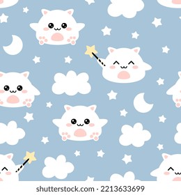 Cute pajama print design for baby girl and boy. Blue sky with stars and clouds kawaii kitten seamless pattern for fabric and textile.