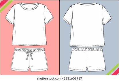 CUTE PAJAMA-SET FÜR MÄDCHELMÄDCHEN, KURZSCHLEEVE, KBOTTOM-SCHURZSCHÜTTERSCHMASCHENFASCHENVORLAGE TECHNISCHE ZEICHENILLUSTRATION