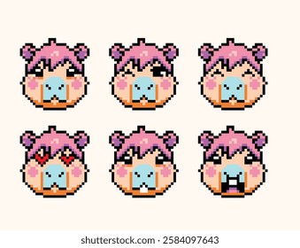 Cute pakibara emojis with emotions. Pixel graphics. Hand drawn vector illustration.