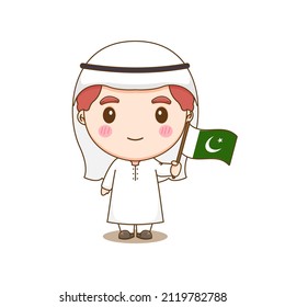 Cute Pakistan Boy Wearing National With Flag. Chibi Cartoon Character Isolated Background.