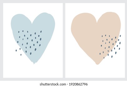 Cute Pale Blue and Light Beige Hearts Isolated on a White Background. Funny Hand Drawn Valentine's Day Party Vector Illustration ideal for Kids Room Decoration, Card, Poster. Romantic Wall Art.