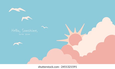Cute pale gentle colors sunny sky background image. Vector illustration of the sun behind clouds and flying birds.