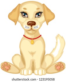 Cute pale puppy sits and wags his tail