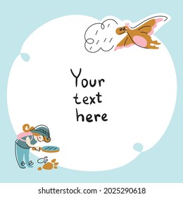 Cute paleontologist. Dinosaurs. Kids card which scandinavian style, banner, background for kids zone, vector.
