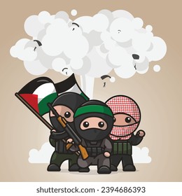 Cute palestinian fighter cartoon vector illustration freedom palestine concept icon isolated