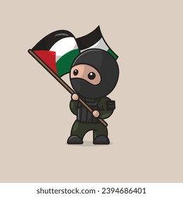 Cute palestinian fighter with flag cartoon vector illustration freedom palestine concept icon isolated