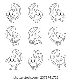 Cute palette character. Coloring Page. Kawaii paint board in different poses. Vector drawing. Collection of design elements.