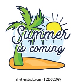 Cute palm coconut tree at the beach with sun. Fun summer holidays cards. Hello summer hand drawn style vector illustration