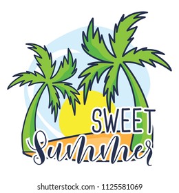 Cute palm coconut tree with sun in the middle. Fun summer holidays cards. Hello summer hand drawn style vector illustration