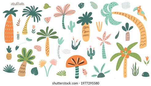 Cute palm tree isolated set. Stylized palm tree collection. Childish safari tree Forest elements. Jungle tropical trees. Kids hand drawn nature landscape clip art. Funny baby vector illustration.