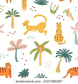 La palmera y los animales de la jungla son un patrón sin fisuras. Tigre, jaguar, leopardo. Los árboles tropicales vectoriales repiten fondo. Papel tapiz de safari para bebés, impresión, diseño textil de verano. Animales graciosos dibujados a mano.