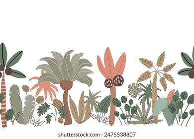 Cute palm tree, jungle long horizontal seamless border. Cute big banana leaves coconut, rainforest design. Summer vector print, repeat background. Hand drawn tropical plants botanical banner, frame