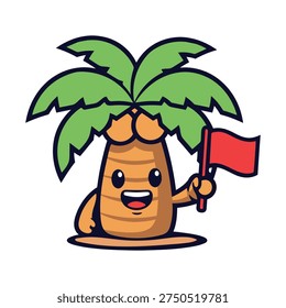 Cute Palm Tree Mascot Character Holding Red Flag Tropical Cartoon Vector Illustration