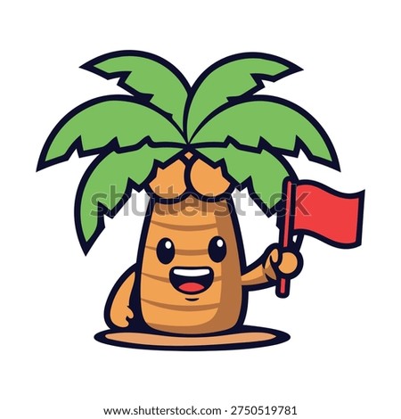 Cute Palm Tree Mascot Character Holding Red Flag Tropical Cartoon Vector Illustration