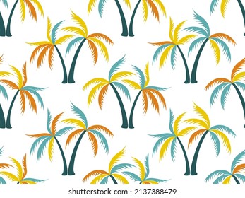 Diseño vectorial de patrón mínimo sin fisuras de palmera. Plantas forestales tropicales adorno textil. Papel pintado de palmera de coco al estilo california. Ilustración del paisaje al aire libre. Impresión textil de moda.