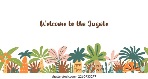 Cute palm tree seamless border. Tropical palm tree element for jungle party design. Summer tropic long repeat banner with cartoon plants, leaves, trees. Vector illustration for floral cards, posters.