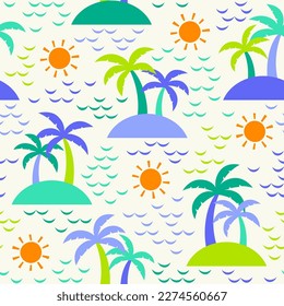 Cute palm tree ,sun and sea seamless pattern for summer holidays background.