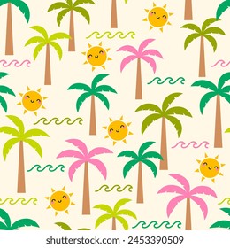 Cute palm tree, sun and wave seamless pattern design for summer holidays background.