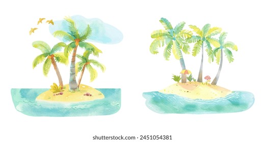 cute palm trees on island watercolor vector illustration