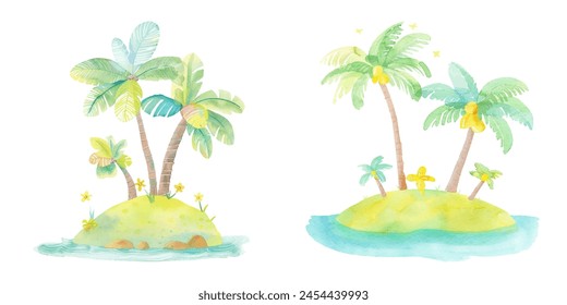 cute palm trees on island watercolor vector illustration 