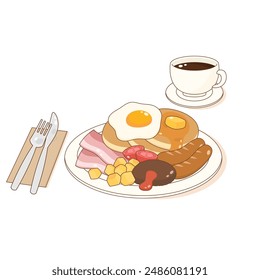 Desayuno de panqueque lindo con café, Ilustración vectorial
