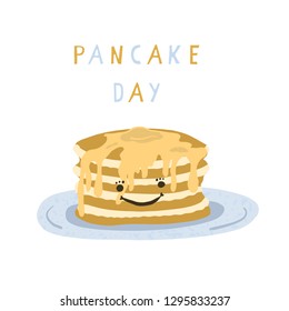 Cute pancake day breakfast vector illustration. Hand drawn stack of delicious pancakes on plate with maple syrup dripping. Creative text lettering. Food clipart for foodie celebration.