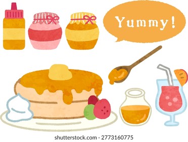 Cute pancake, jam, and honey illustration icon set