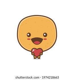 cute pancake mascot character, hugging a love balloon