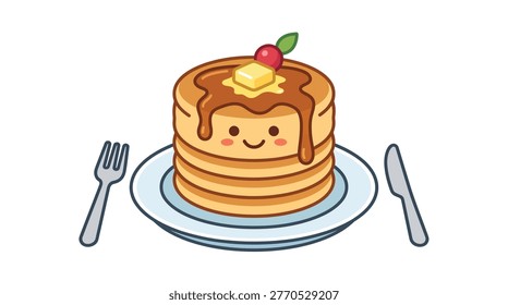 Cute pancake mascot vector character featuring a happy smiling face, dripping maple syrup, butter, and a berry on a plate with a fork and a knife set.