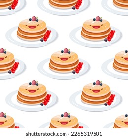 Cute pancakes seamless pattern. Vector illustration. Food icon concept. Flat cartoon style.	