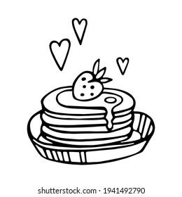 Cute pancakes with strawberries on a plate. Decorated with hearts. Declaration of love. Hand-drawn vector illustration of a doodle, sketch isolated on a white background. For a card, Valentine's Day.