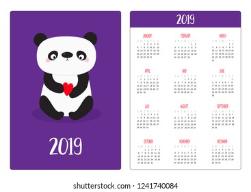 Cute pand bear animal. Simple pocket calendar layout 2019 new year. Week starts Sunday. Vertical orientation. Cartoon kawaii funny baby character. Flat design. Blue background. Vector illustration