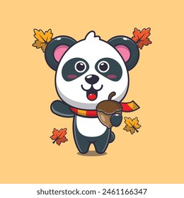 Cute panda with acorns at autumn season. Mascot cartoon vector illustration suitable for poster, brochure, web, mascot, sticker, logo and icon.