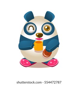 Cute Panda Activity Illustration With Humanized Cartoon Bear Character Drinking Tea And Eating Cookie In Slippers