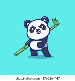 Cute Panda Angry Holding Bamboo Cartoon Vector Icon Illustration. Animal Icon Concept Isolated Premium Vector. Flat Cartoon Style 