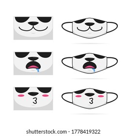 Cute panda animal cartoon mouth face mask set design vector illustration