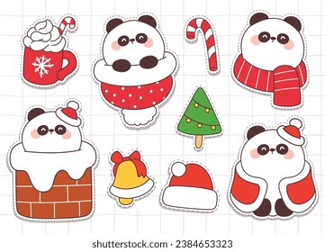 Cute panda animal christmas and elements doodle sticker for christmas 