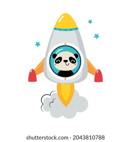 Cute Panda Animal Flying on Board of Rocket Launching in Cosmos Vector Illustration