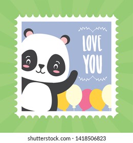 cute panda animal mail stamp vector illustration