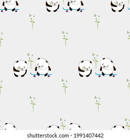 Cute panda. Cute animal. Super cute cartoon panda. Seamless pattern with  chines panda. Vector flat background.