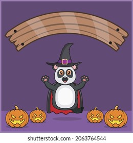 Cute Panda Animal wearing Vampire Halloween Custome, With Blank Space Banner, Pumpkins and Flying Position. Vector And Illustration.