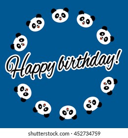 cute panda, arranged in circles and isolated at blue background. Birthday Card. Vector illustration