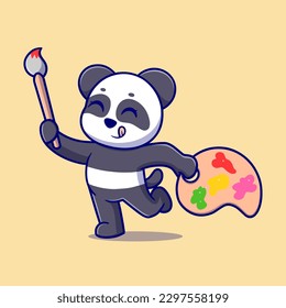 Cute panda artist Cartoon Vector Icon Illustration. Animal Icon Concept Isolated Premium Vector. Flat Cartoon Style