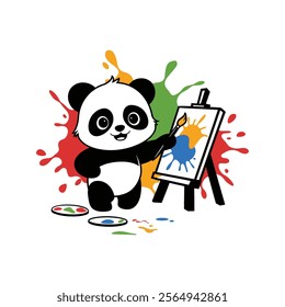 Cute Panda Artist Painting on Easel with Colorful Splatter