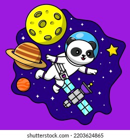 Cute Panda Astronaut Floating In Space Cartoon Vector Icon Illustration. Flat Cartoon Concept