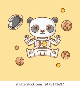 Cute panda astronaut jump animal kawaii chibi character mascot illustration outline style design set