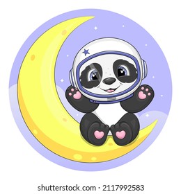 Cute panda astronaut on the moon. Vector illustration of an animal on a blue background.